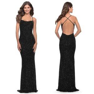 LA FEMME Stretch Sequin Sleeveless Gown in Black Size US 4